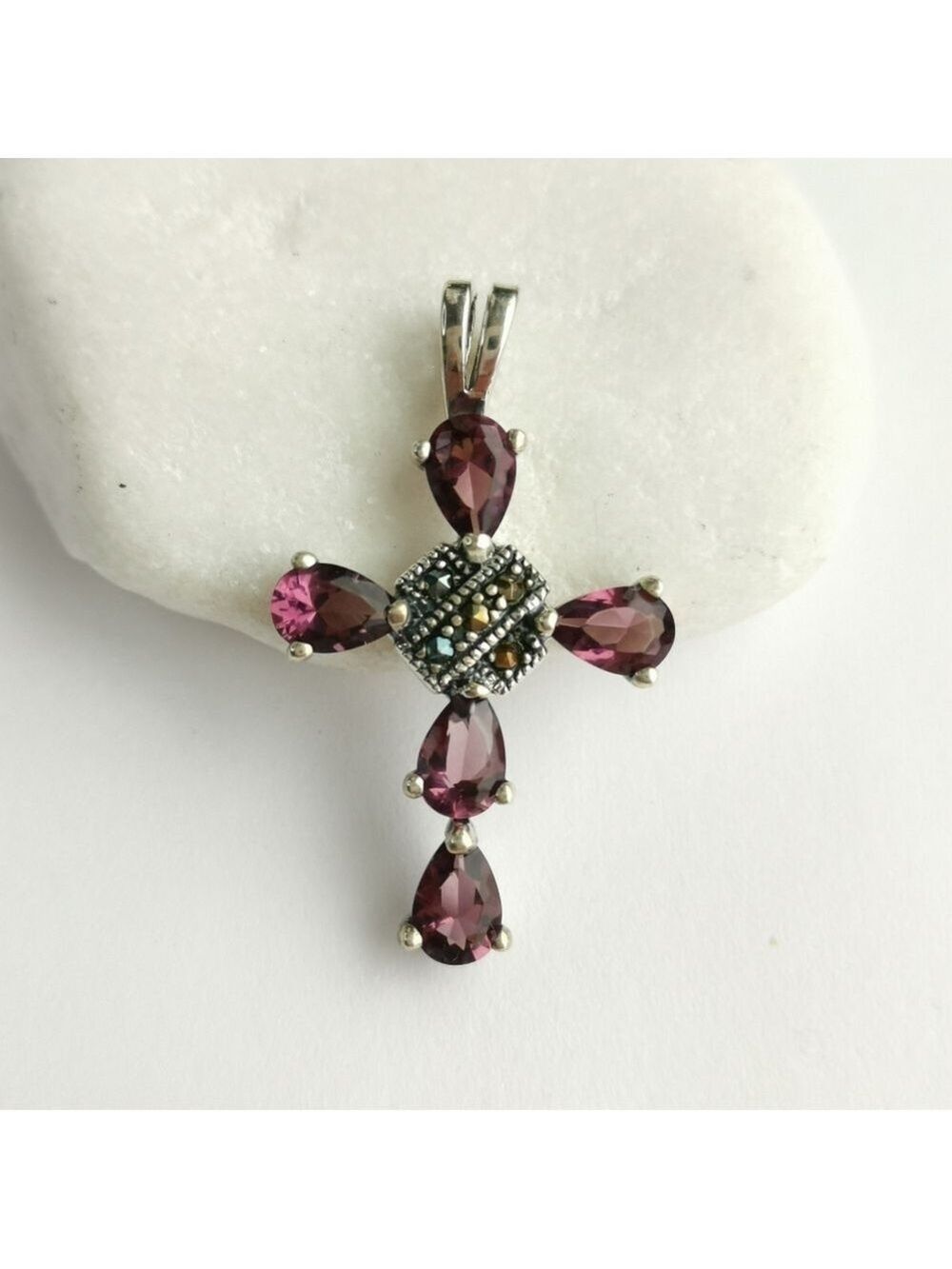 Amethyst Marcasite cross pendant in Sterling Silver